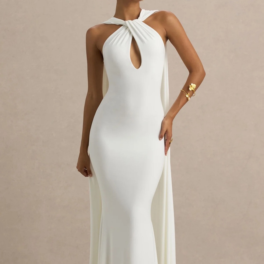 Elegant White Twist Halter Evening Dress